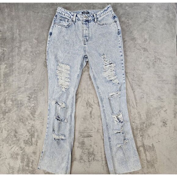 Flamingo Jeans M 28x32 Acid Wash Distressed Destroyed Flared Button Fly Grunge - Picture 1 of 14